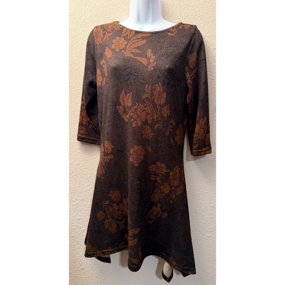 Reborn Floral Mini Dress Brown Black Boho Tunic 3/4 Sleeve Dark Floral M